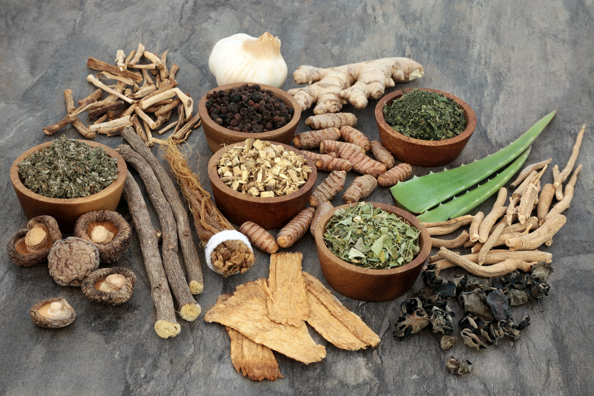 Ayurvedic herbs, roots and spices arranged on stone