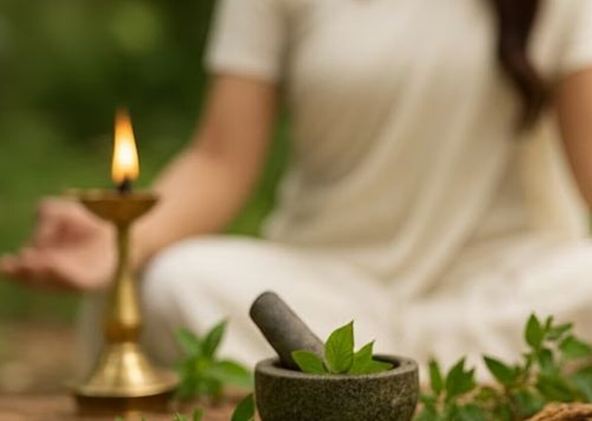 Seated meditation beside a traditional Kerala brass lamp